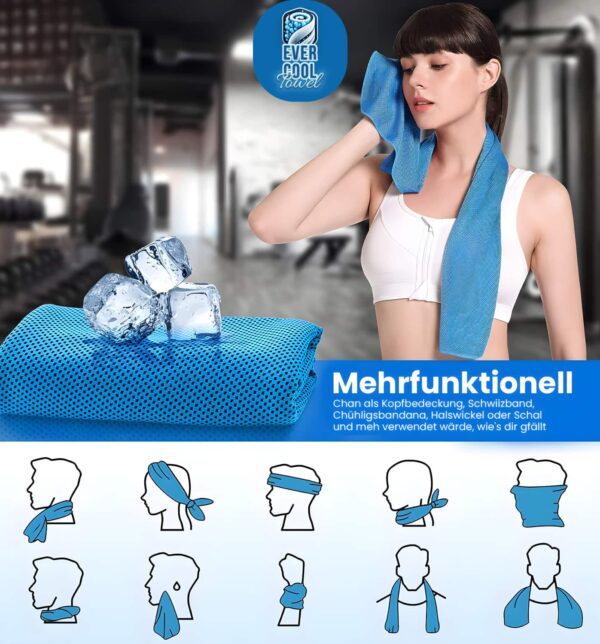 Frau in einem Fitnessstudio mit einem blauen EVER COOL towel Kühltuch um den Hals. Unter dem Produktbild werden verschiedene Verwendungsmöglichkeiten des Tuchs, wie Kopfbedeckung, Schweissband oder Schal, gezeigt. Der Titel 
